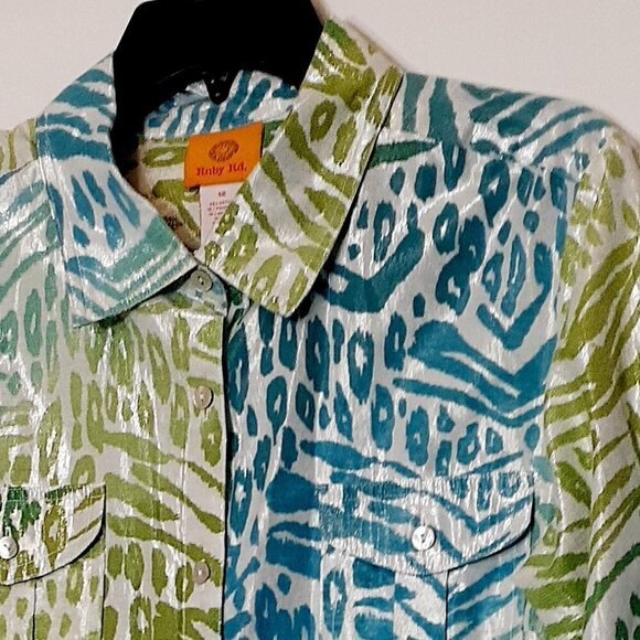 RUBY RD. Blue / Green Button Blouse; Roll Tab Long Sleeves; Shiny Fabric Size 12 - Picture 2 of 5